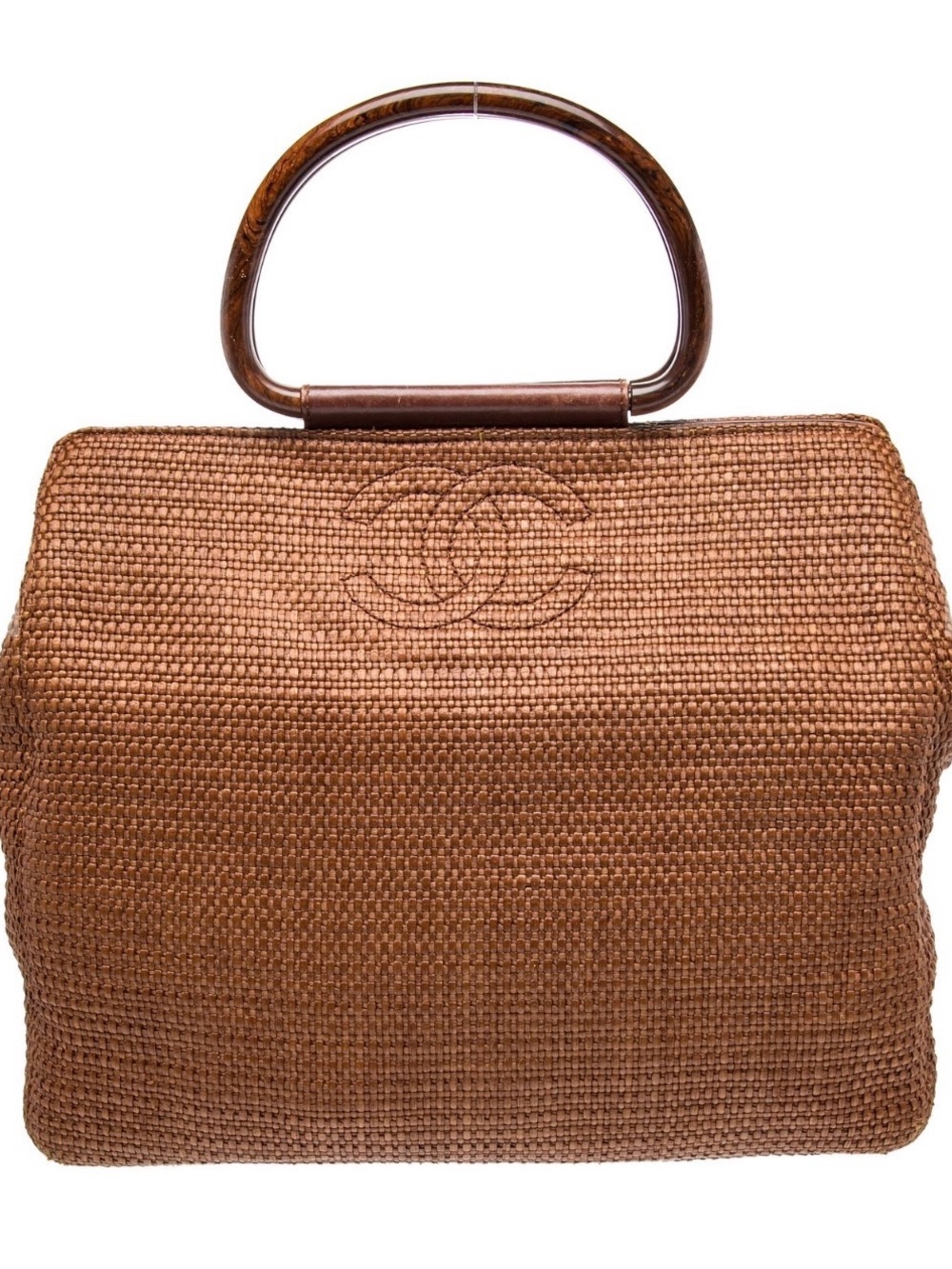CHANEL Brown Woven Raffia Tote with Wooden Handles Vintage